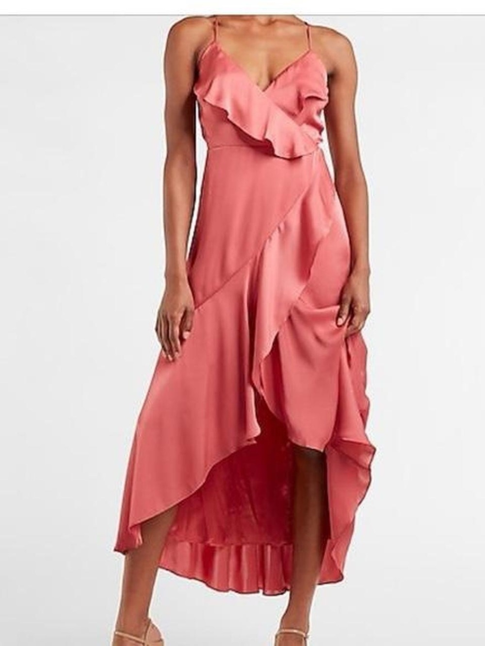 Express Dusty Coral Ruffle High-Low Slip Dress